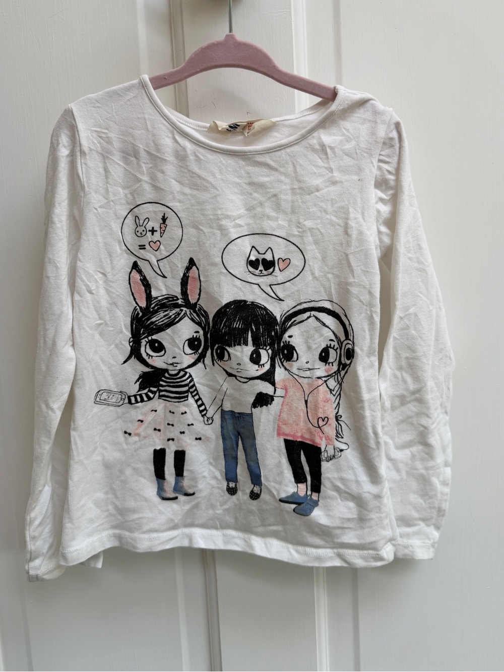 H&M Girls 4 - 6 White Long-Sleeve Tee Shirt with Trio Friends Graphic Blouse